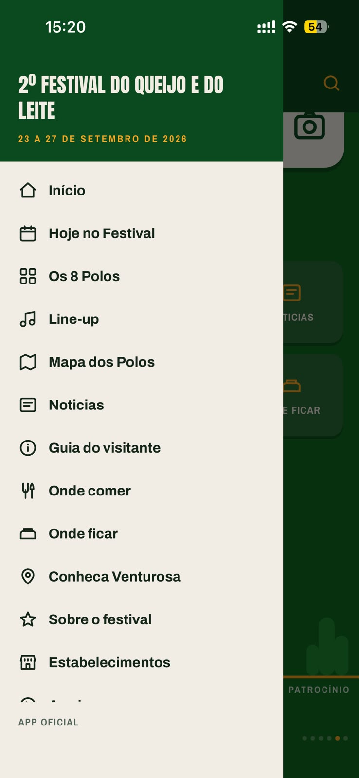 Menu de navegação do aplicativo É Venturosa